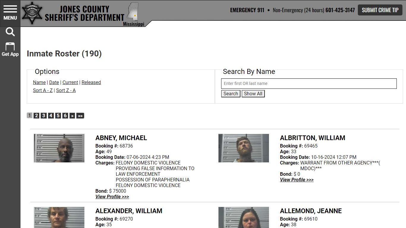 Inmate Roster | Jones County Sheriff MS | Sort Name - Ascending | Page 1